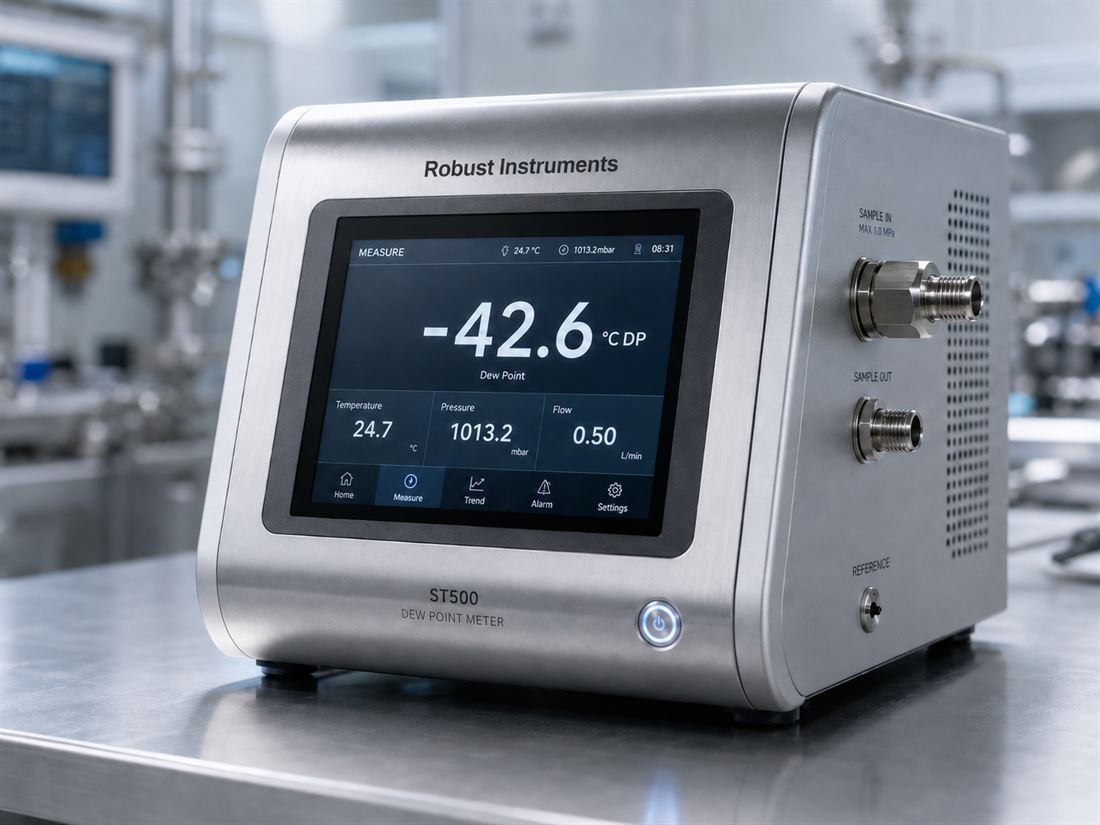 Benchtop dew point analyzer on a stainless lab bench, touchscreen reading −42.6 °C dew point
