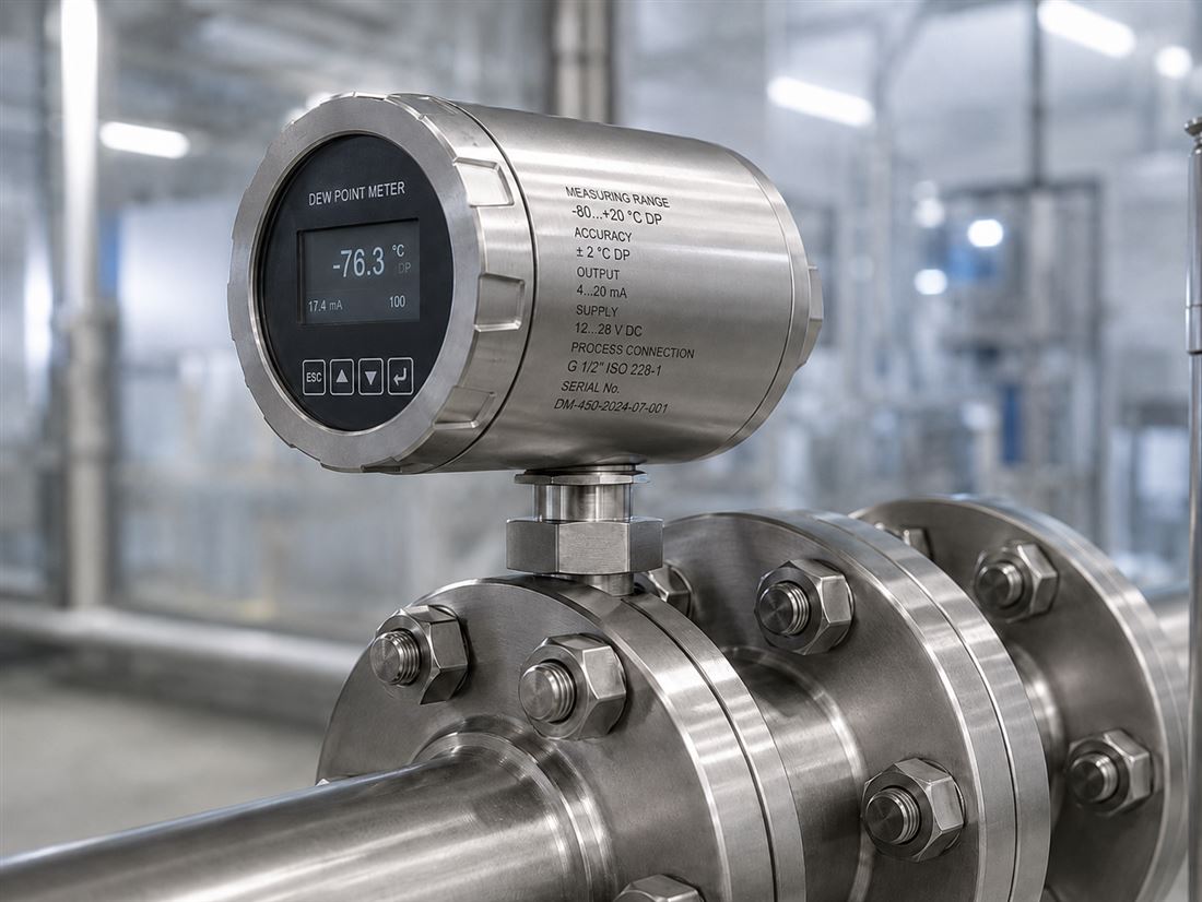 In-line dew point transmitter mounted on a flanged pipe section, display reading −76.3 °C