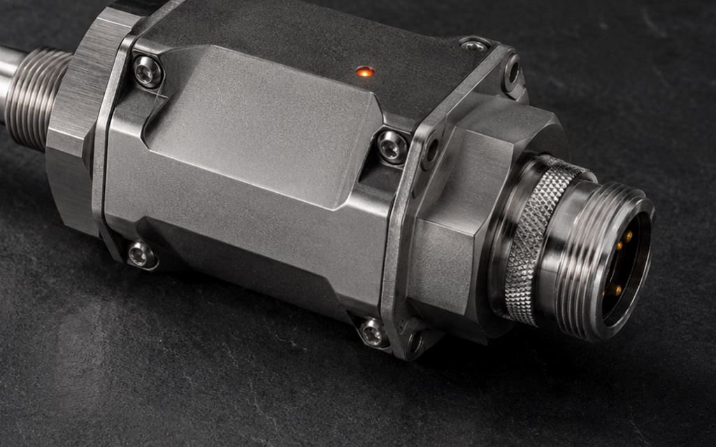 Sealed stainless transmitter body machined from solid bar, resting on dark slate