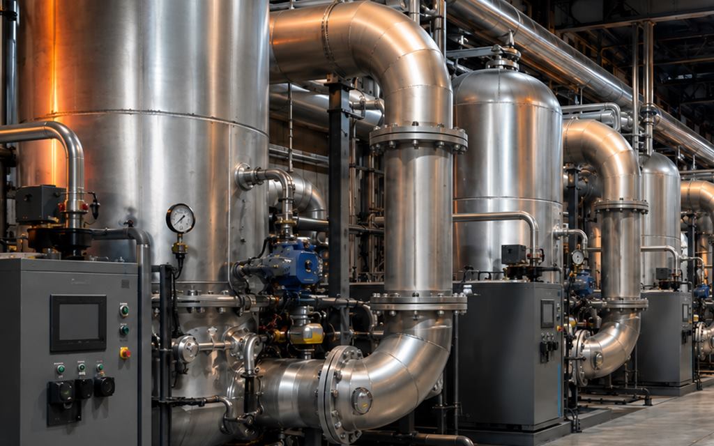 Stainless drying vessels and control cabinets on a customer's plant floor
